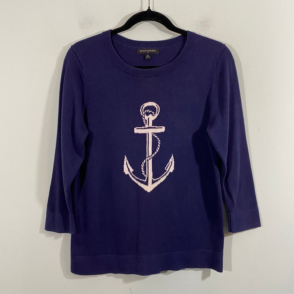 Banana Republic Navy Anchor Quarter Sleeve Pullover Sweater Sz M Coastal Preppy